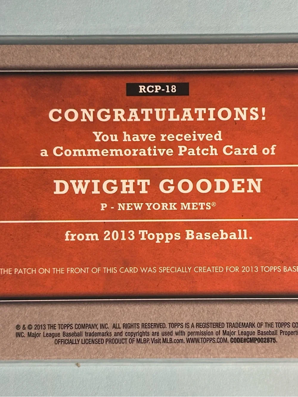 2013,Topps Dwight Gooden,New York Mets 1985 Rookie Silk Patch Card #RCP-18